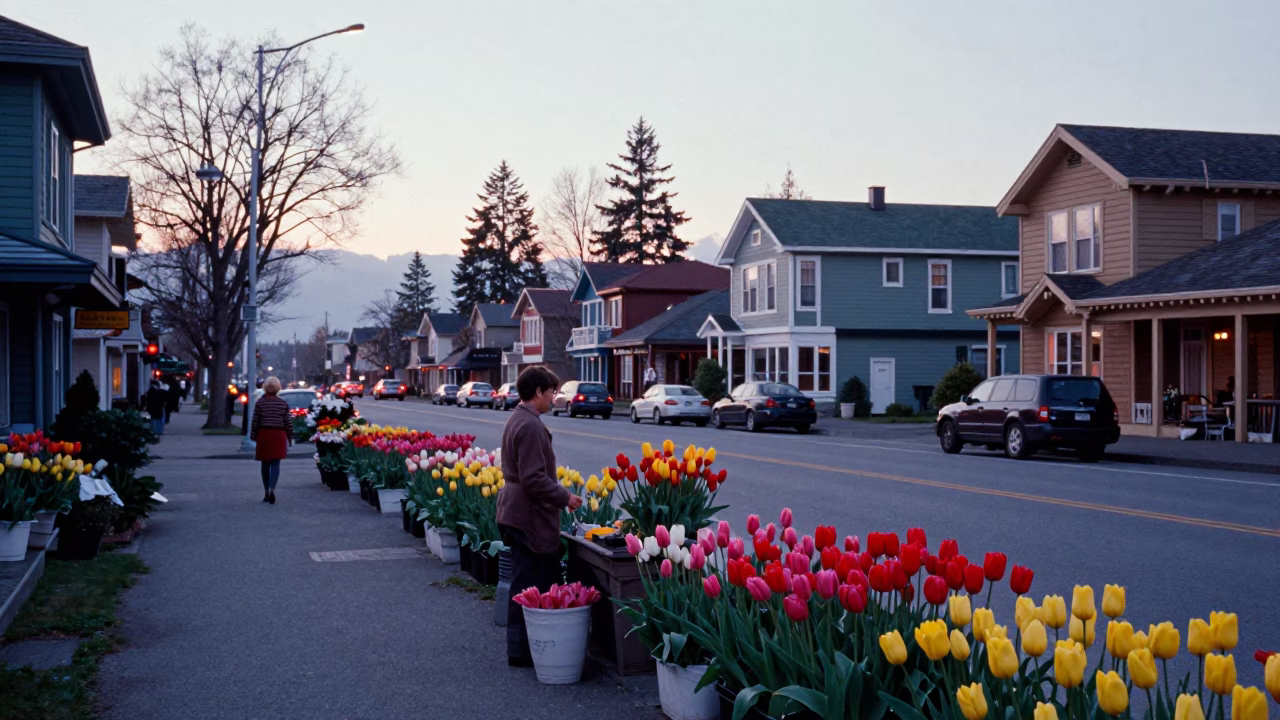 Colorful 1960s Vancouver Street Scene Before Sunrise with Tulips and Local Life in in Vancouver, British Columbia, Canada