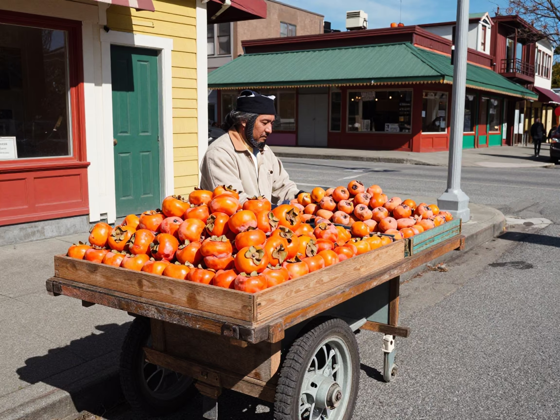 Colorful 1960s Vancouver Street Scene with Persimmons and Vintage Automobiles in in Vancouver, British Columbia, Canada