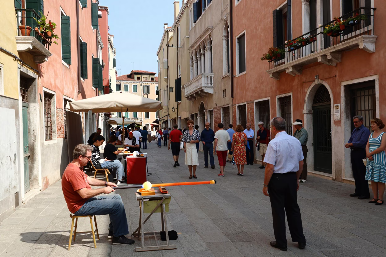 Colorful 1960s Venice Street Scene with Glass Blowing and Porcelain Details in in Venice, Italy