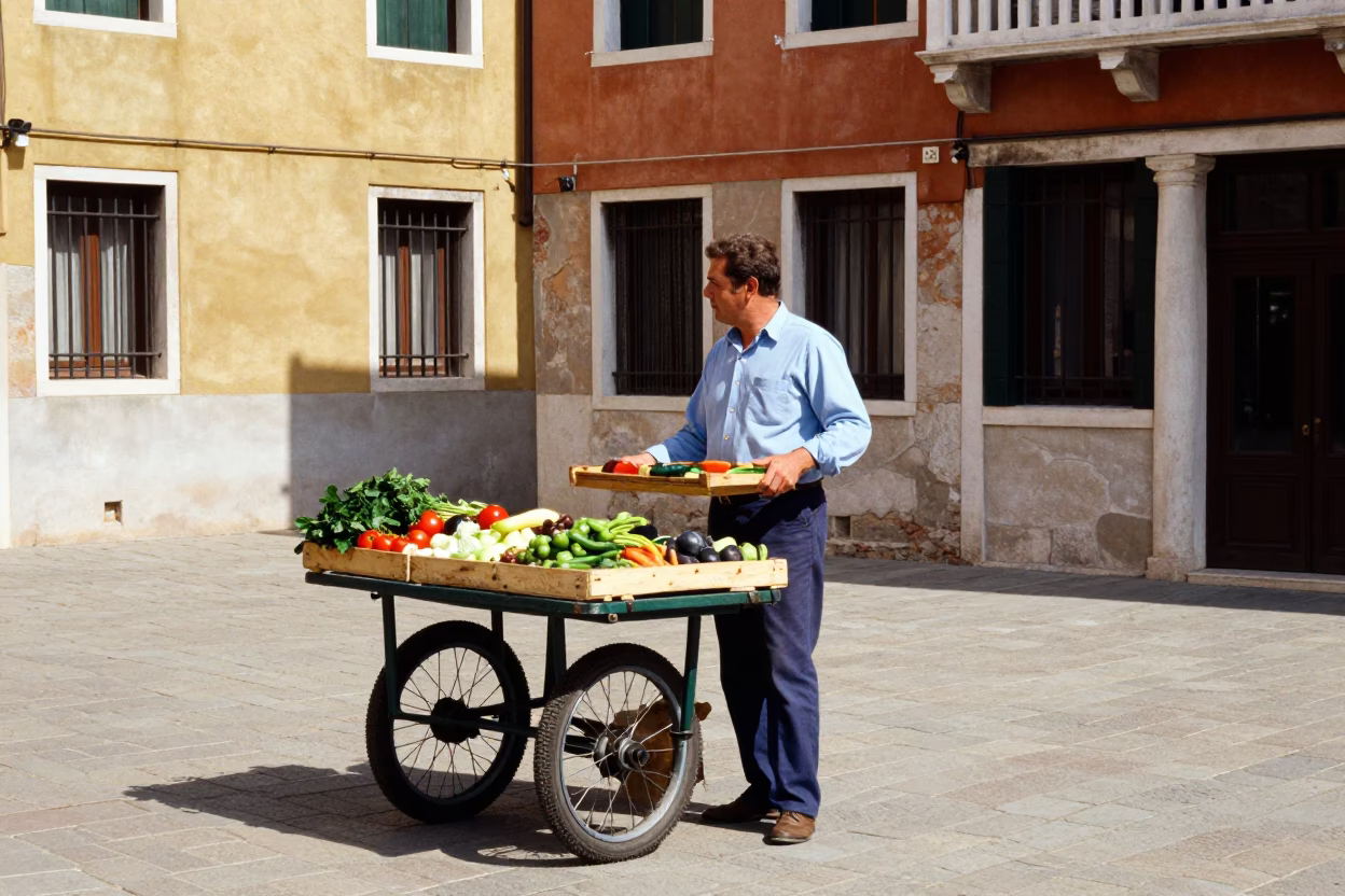 Colorful 1960s Venice Street Scene with Local Vendor and Wooden Tray in in Venice, Italy