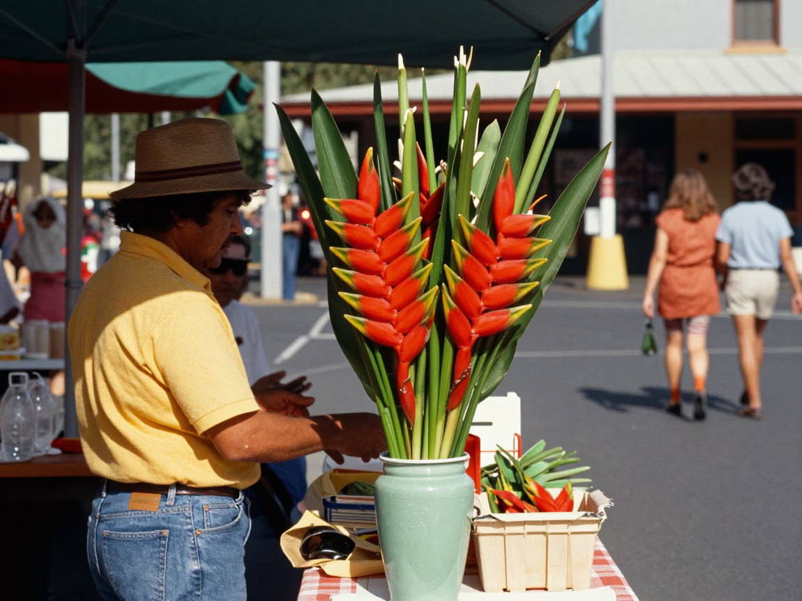 Colorful 1970s Adelaide Street Scene with Vintage Heliconia Flowers and Local Market Charm in in Adelaide, South Australia, Australia