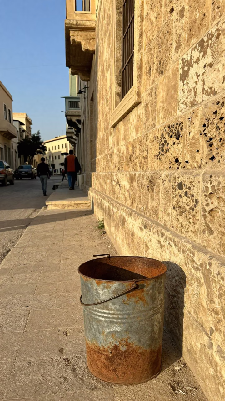Colorful 1970s Alexandria Egypt Street Scene with Rusted Metal Bucket in in Alexandria, Egypt