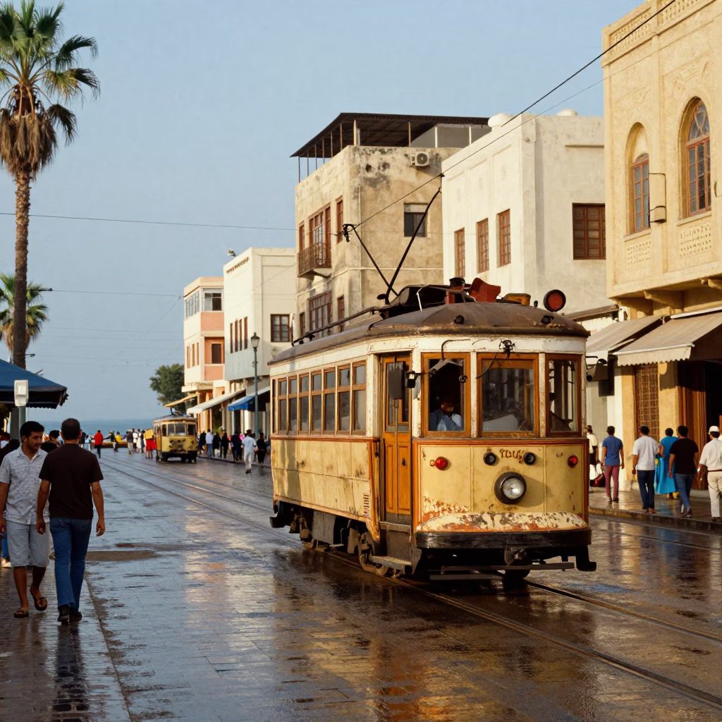 Colorful 1970s Alexandria Egypt Street Scene with Vintage Tram and Vibrant Flowers in in Alexandria, Egypt