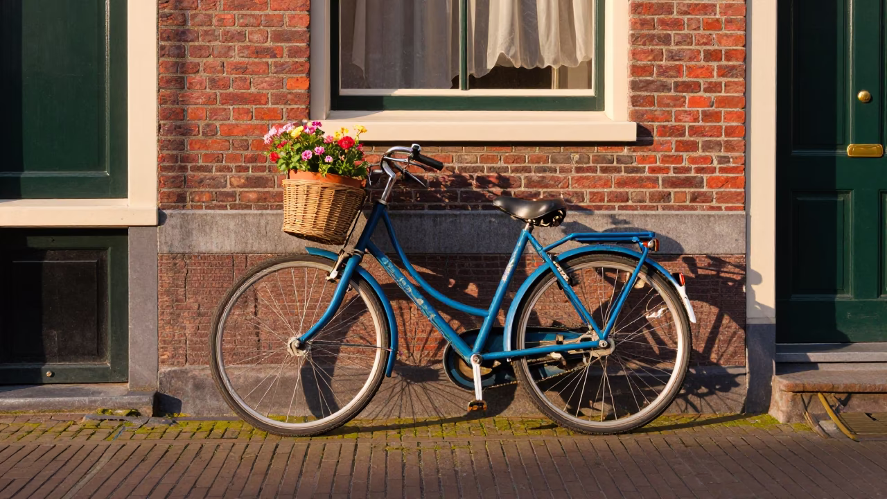 Colorful 1970s Amsterdam Street Scene with Vintage Bicycle and Flowerpot at Sunrise in in Amsterdam, Netherlands