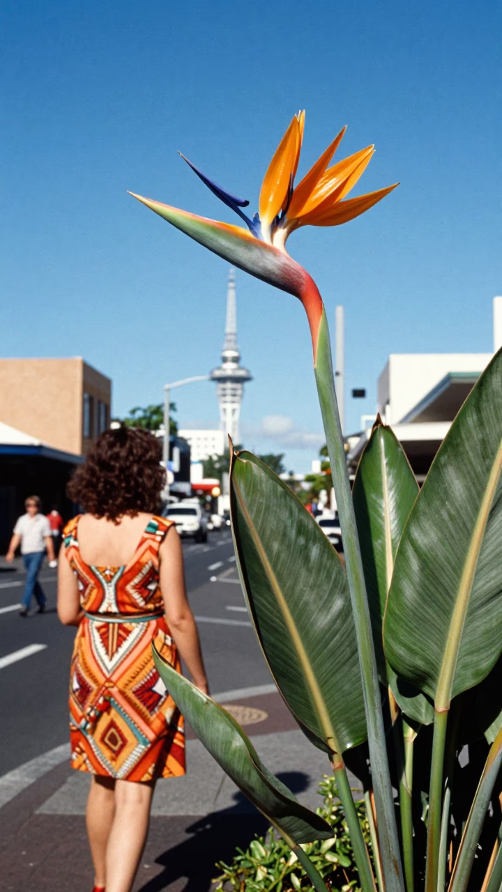 Colorful 1970s Auckland Street Scene with Bird of Paradise Flower and Blue Sky in in Auckland, New Zealand