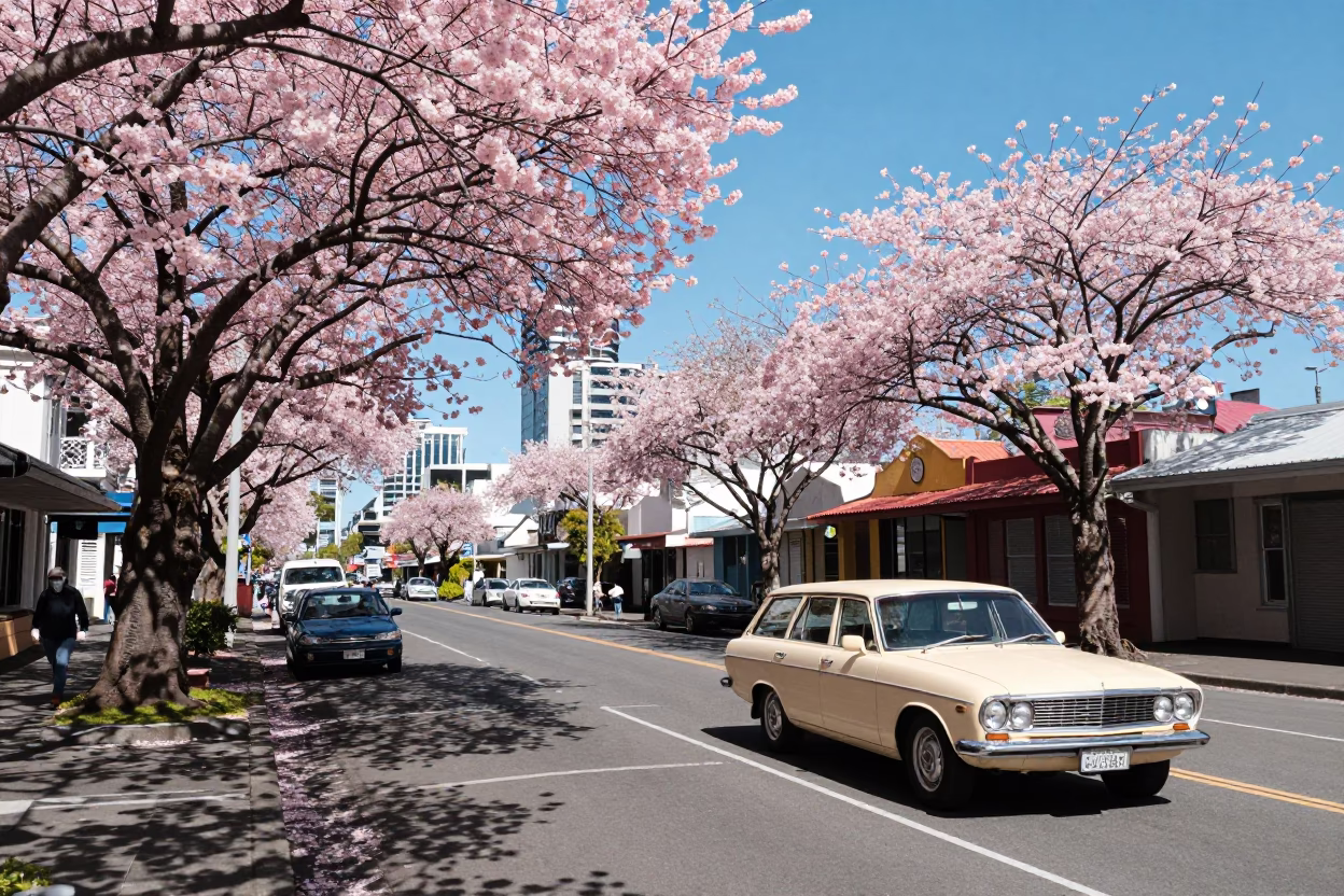 Colorful 1970s Auckland Street Scene with Vintage Cars and Cherry Blossoms in in Auckland, New Zealand