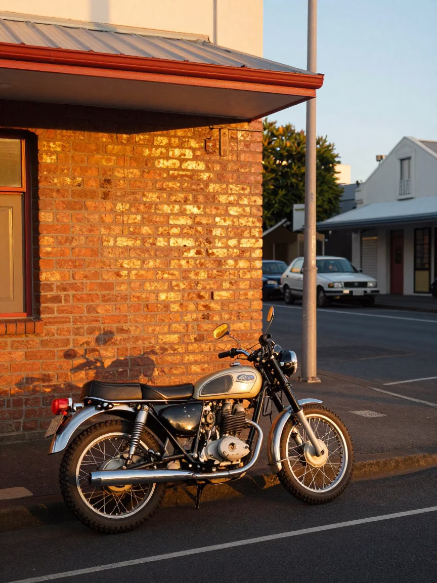 Colorful 1970s Auckland Street Scene with Vintage Motorcycle and Bottle in in Auckland, New Zealand