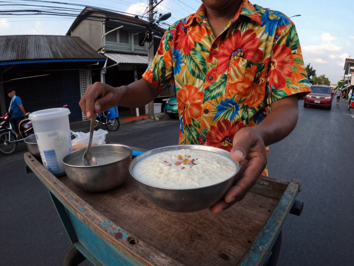 Colorful 1970s Bangkok street vendor serving kheer sagar with pistachios at dusk in in Bangkok, Thailand