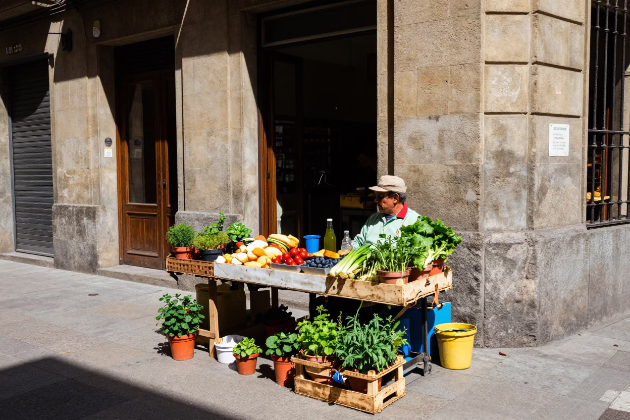Colorful 1970s Barcelona Street Scene with Potted Herbs and Clay Pot at Noon in in Barcelona, Spain