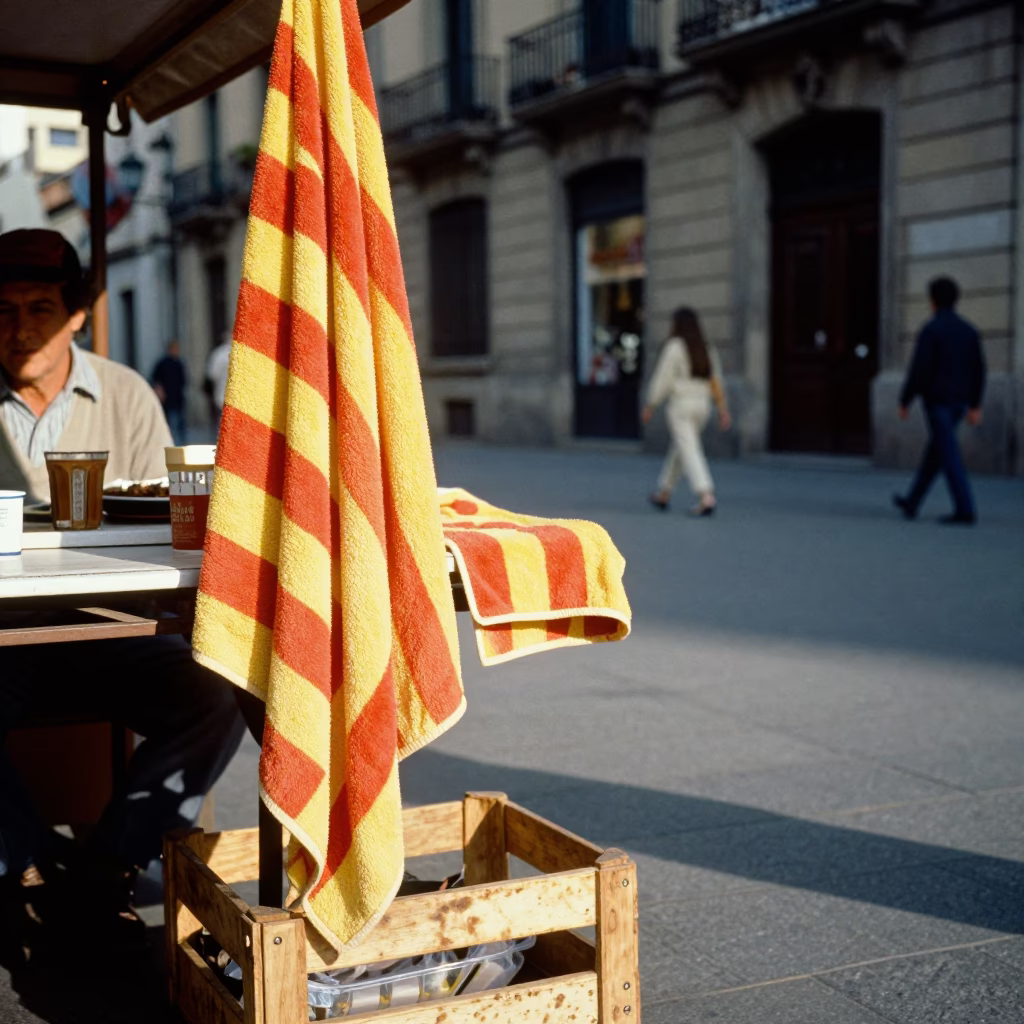 Colorful 1970s Barcelona Street Scene with Striped Towel and Avocados in in Barcelona, Spain