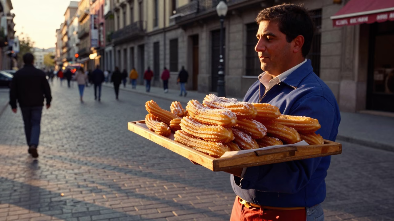Colorful 1970s Barcelona Street Scene with Tray of Churros at Nautical Dawn in in Barcelona, Spain