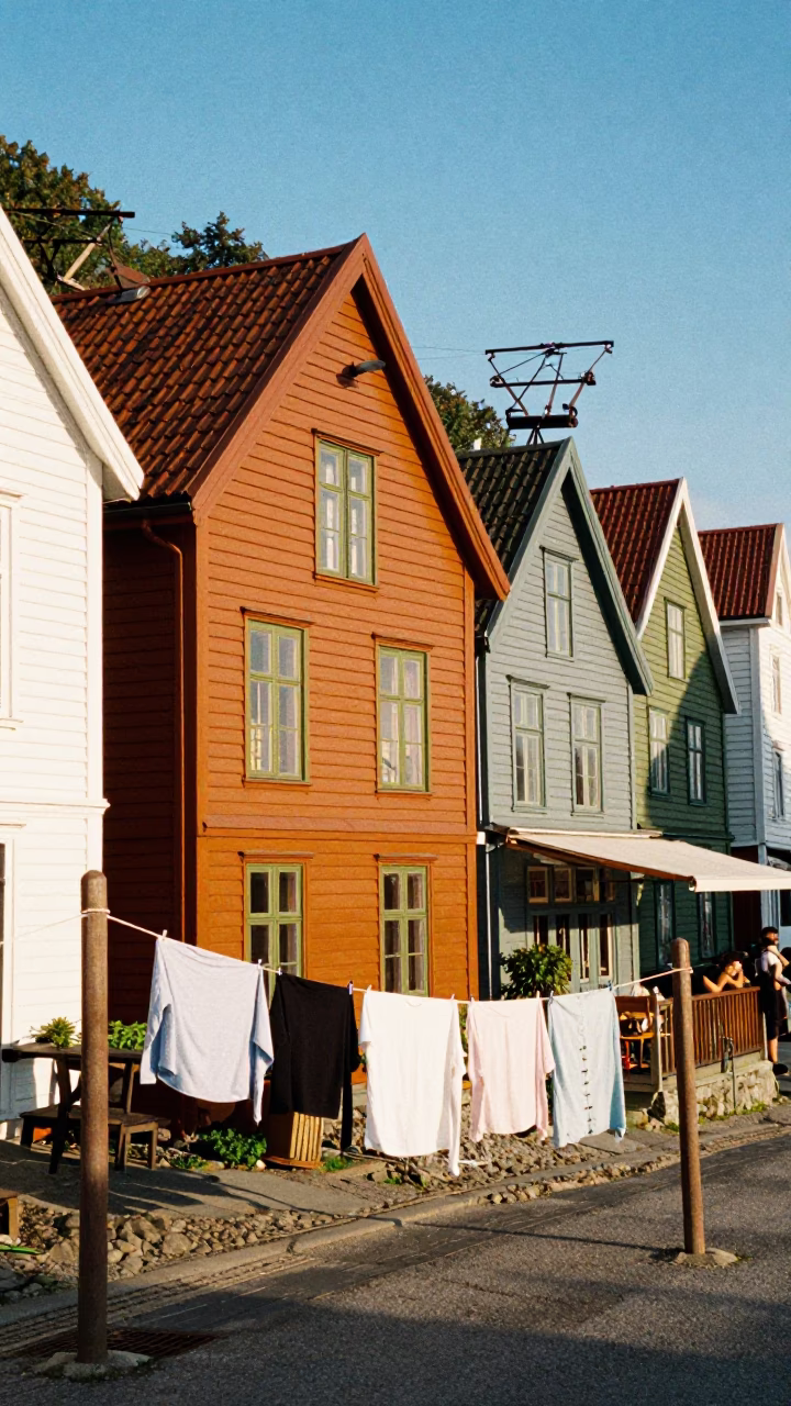 Colorful 1970s Bergen Norway Funicular Cliffside Restaurant Late Afternoon Street Photography in in Bergen, Norway