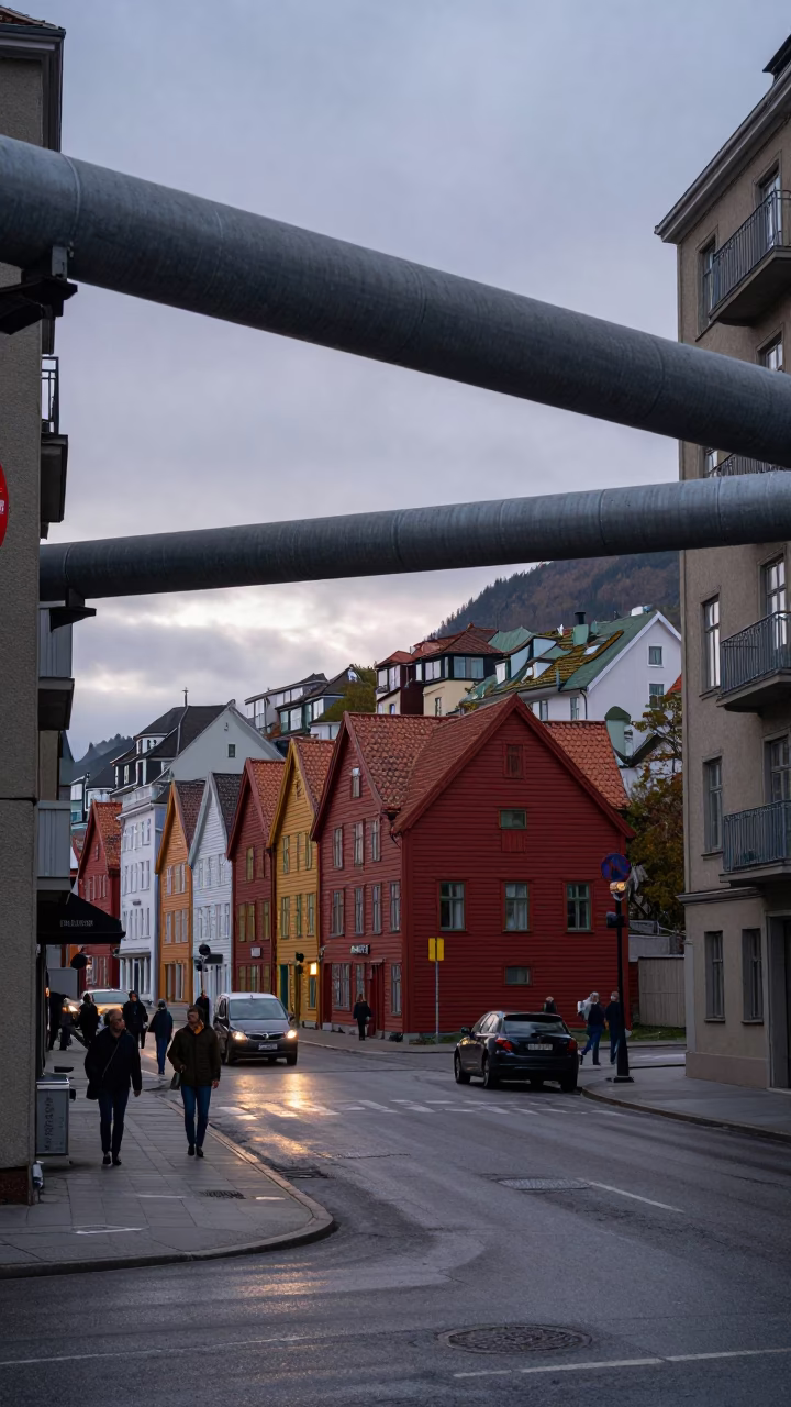 Colorful 1970s Bergen Norway Street Scene at Dawn with District Heating Pipes in in Bergen, Norway
