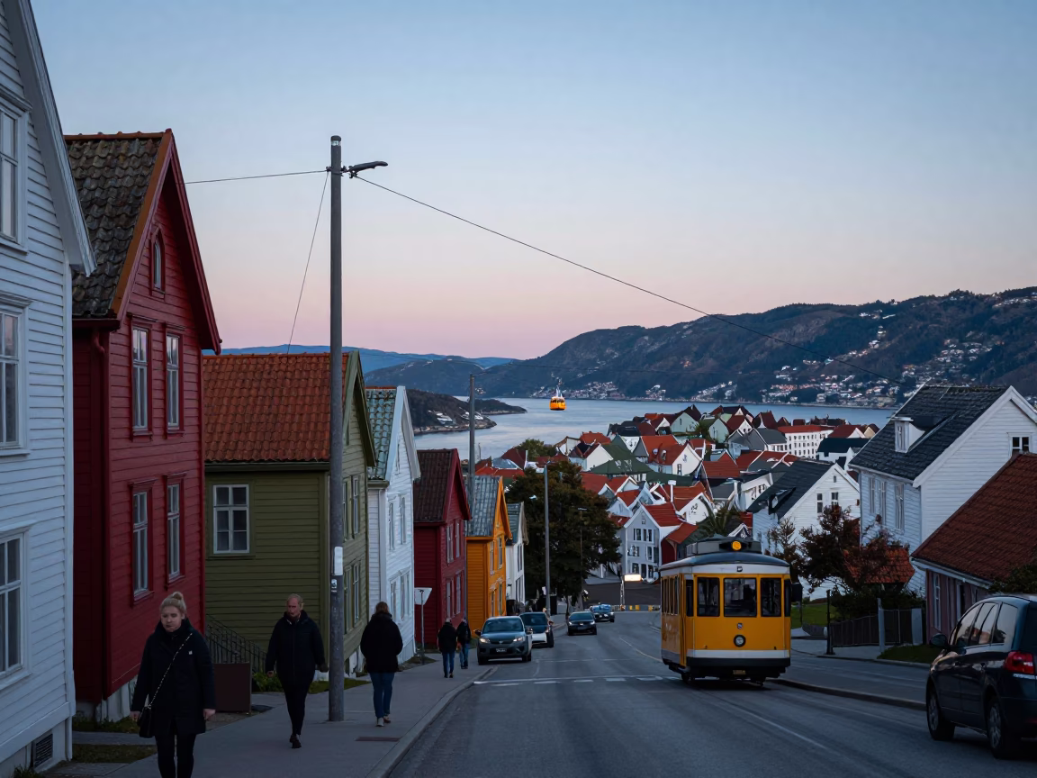 Colorful 1970s Bergen Norway Street Scene Before Sunrise With Cable Car And Condensation in in Bergen, Norway