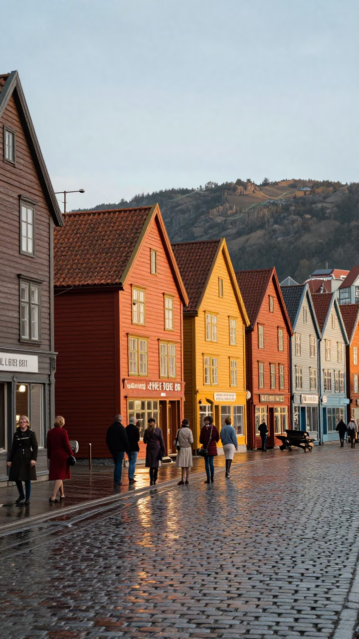 Colorful 1970s Bergen Norway Street Scene First Light with Vintage Details in in Bergen, Norway