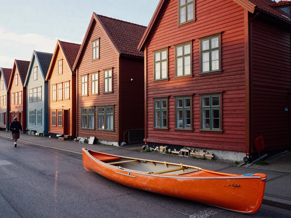 Colorful 1970s Bergen Norway Street Scene with Vintage Canoe and Local Life in in Bergen, Norway