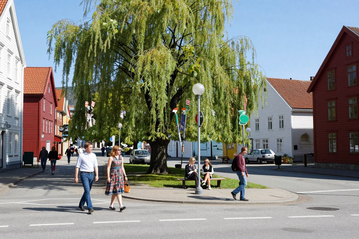 Colorful 1970s Bergen Norway Street Scene with Weeping Willow and Drawbridge in in Bergen, Norway