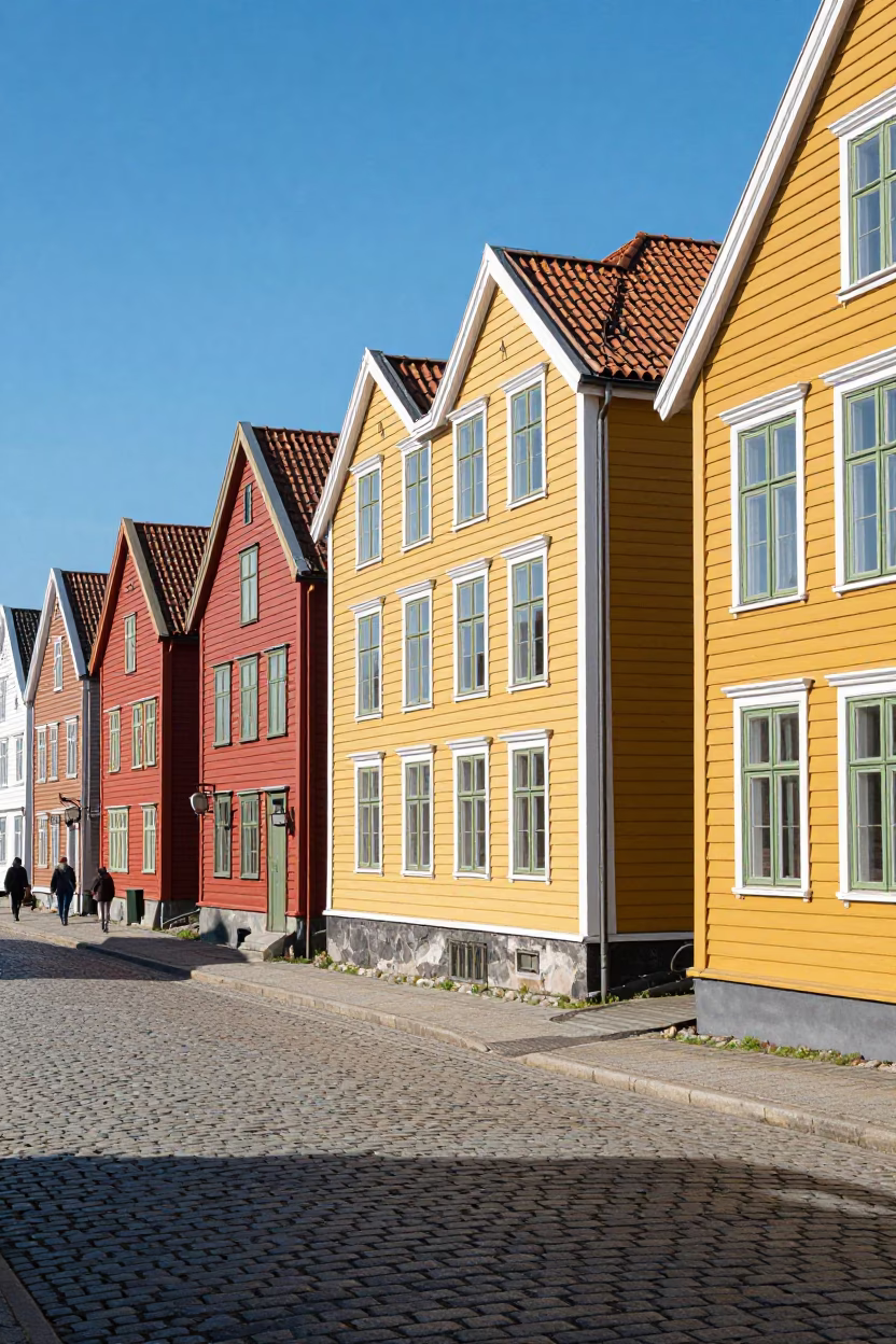 Colorful 1970s Bergen Norway Street Scene with Yellow Building and Pedestrians at Midday in in Bergen, Norway