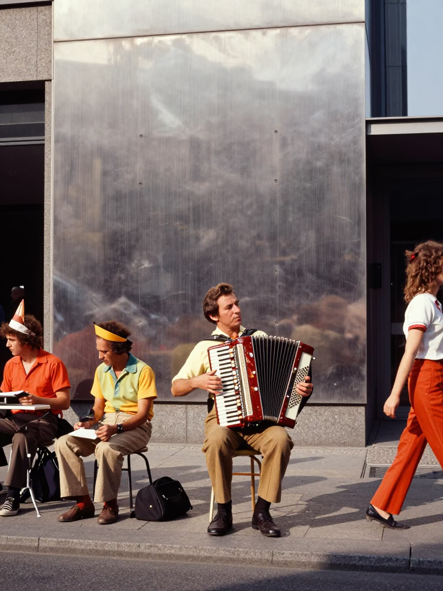 Colorful 1970s Berlin Street Scene with Accordion Player and Brushed Steel Architecture in in Berlin, Germany