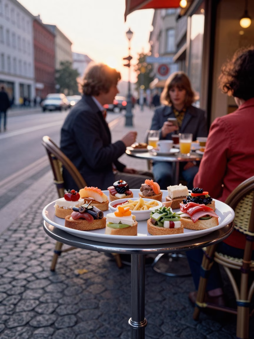 Colorful 1970s Berlin Street Scene with Breakfast Tray and Linen Napkin in in Berlin, Germany
