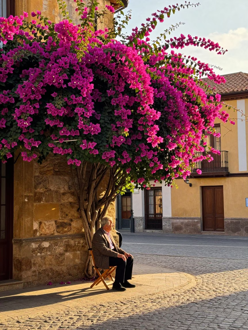 Colorful 1970s Bilbao Street Scene with Bougainvillea and Vintage Folding Stools at Sunrise in in Bilbao, Spain