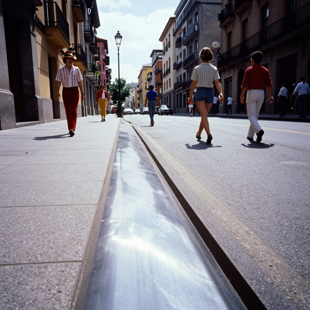 Colorful 1970s Bilbao Street Scene with Brushed Steel Sill Edge and Local Market Activity in in Bilbao, Spain