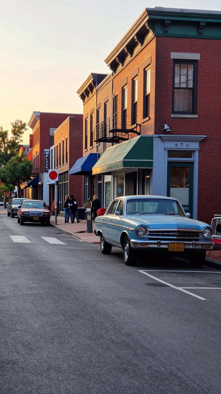 Colorful 1970s Boston Street Scene Just After Sunrise with Vintage Details in in Boston, Massachusetts, United States