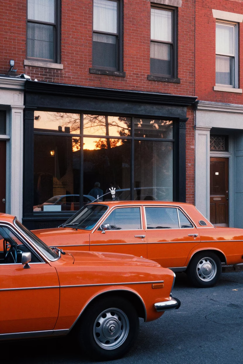 Colorful 1970s Boston Street Scene with Vintage Car and Morning Glory Clouds in in Boston, Massachusetts, United States
