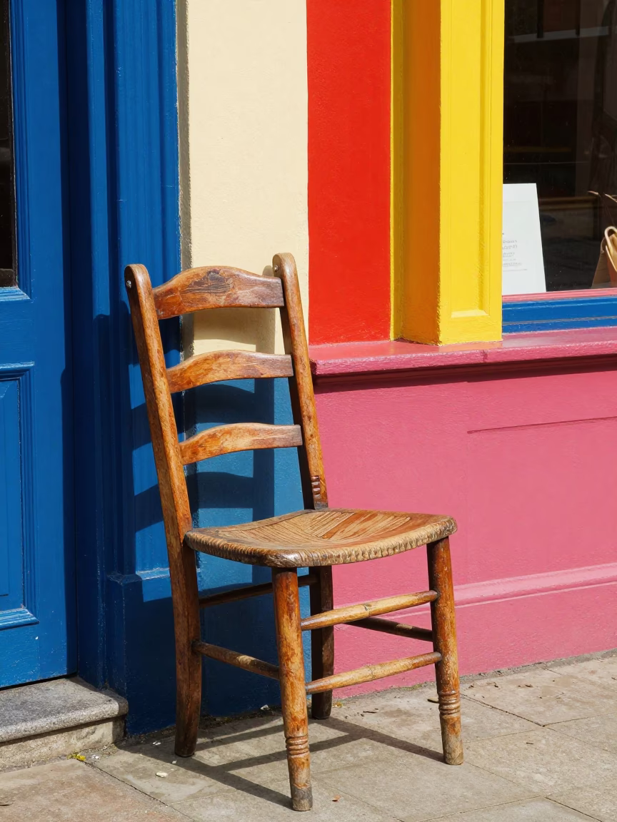 Colorful 1970s Bristol Street Scene with Ladder-Back Chair and Jacaranda Tree in in Bristol, United Kingdom