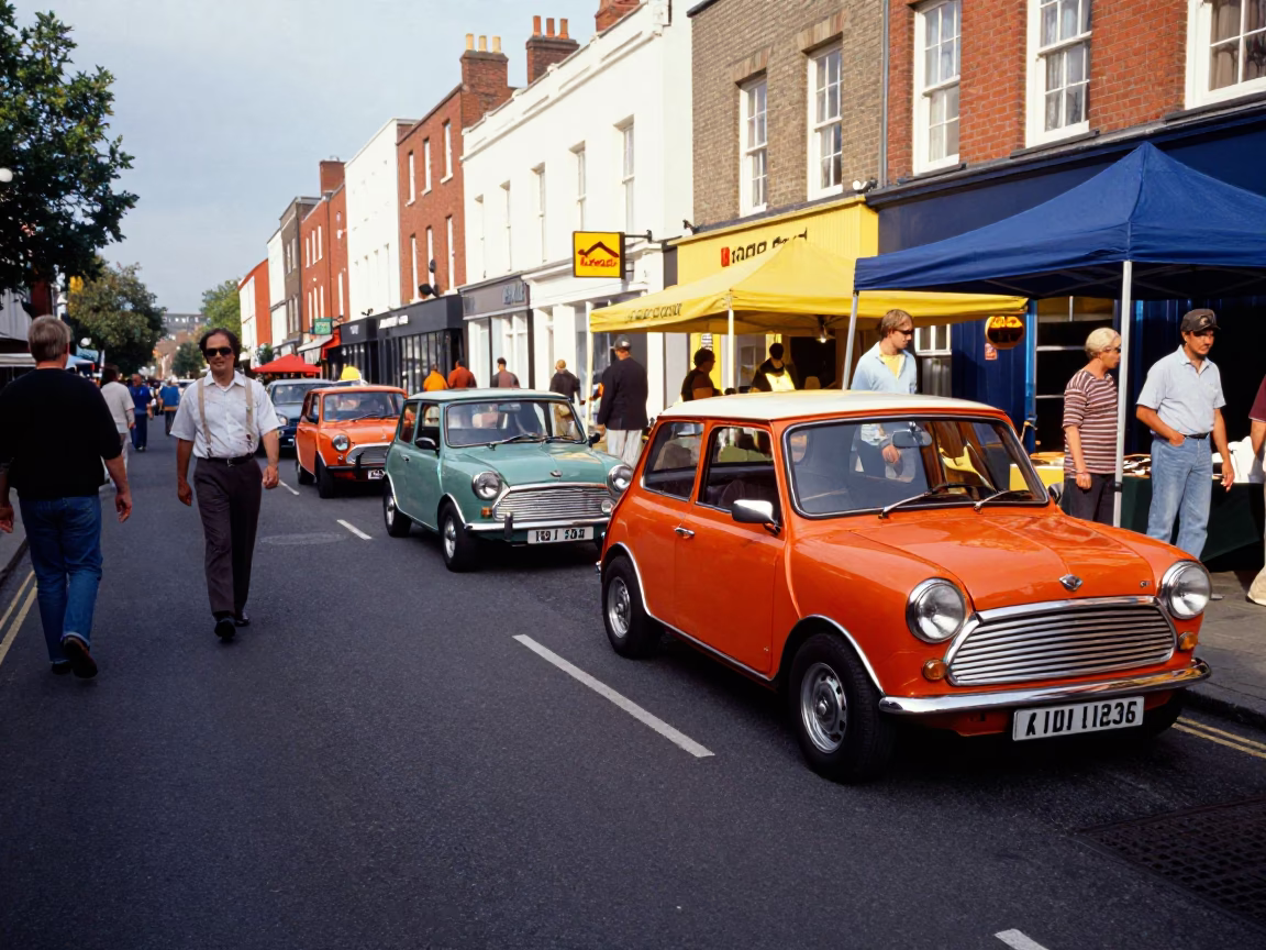 Colorful 1970s Bristol Street Scene with Vintage Cars and Woven Baskets in in Bristol, United Kingdom