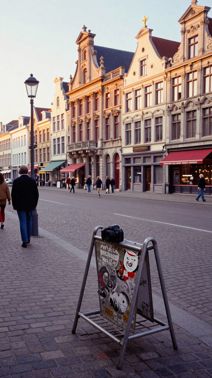 Colorful 1970s Brussels Early Morning Street Scene with Vintage Magazine Rack in in Brussels, Belgium