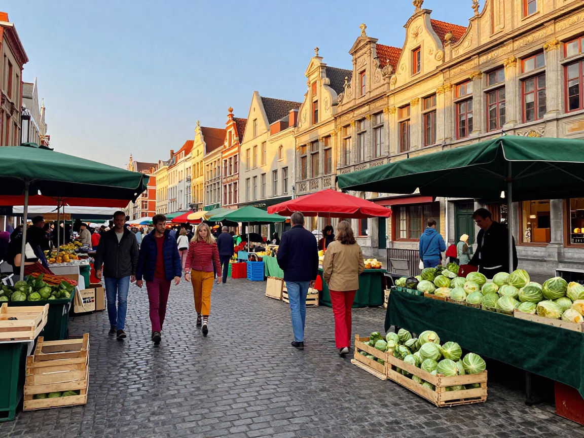 Colorful 1970s Brussels Street Scene with Market Stalls and Vintage Cars in in Brussels, Belgium