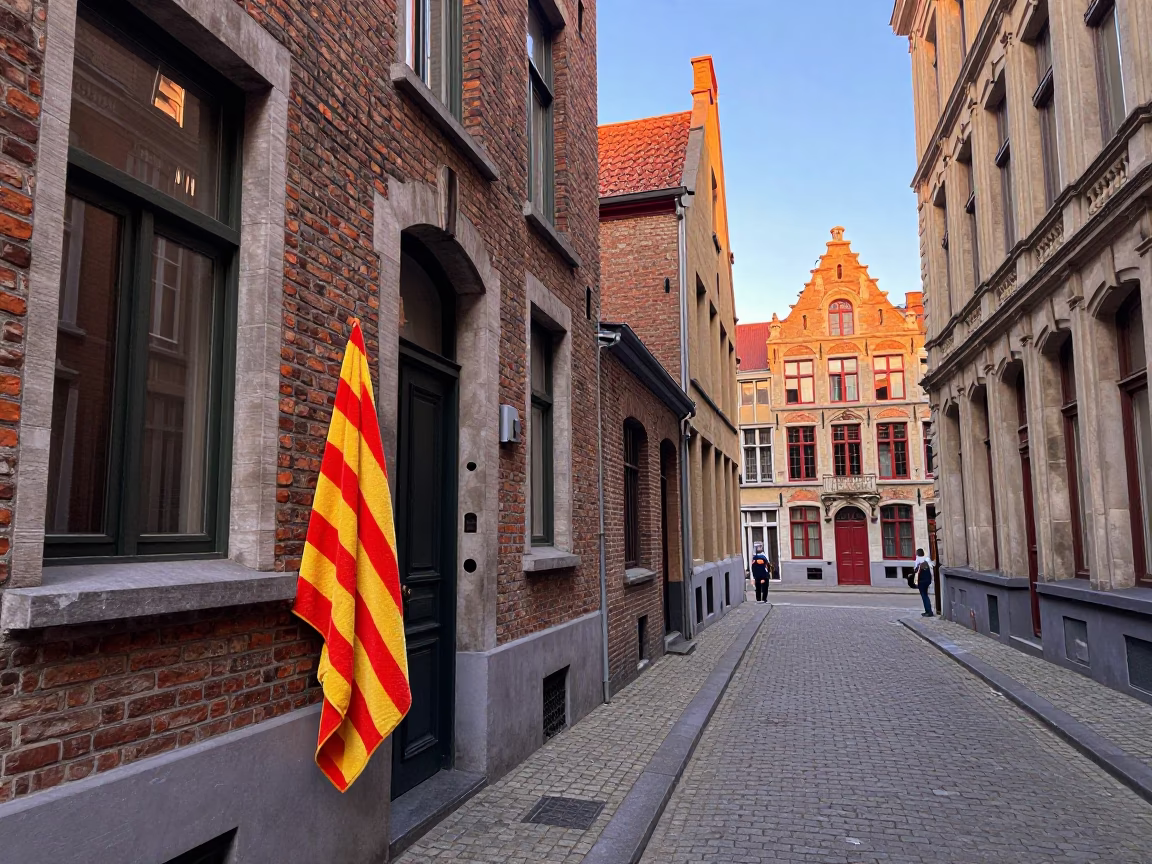 Colorful 1970s Brussels Street Scene with Striped Towel and Latch Details in in Brussels, Belgium