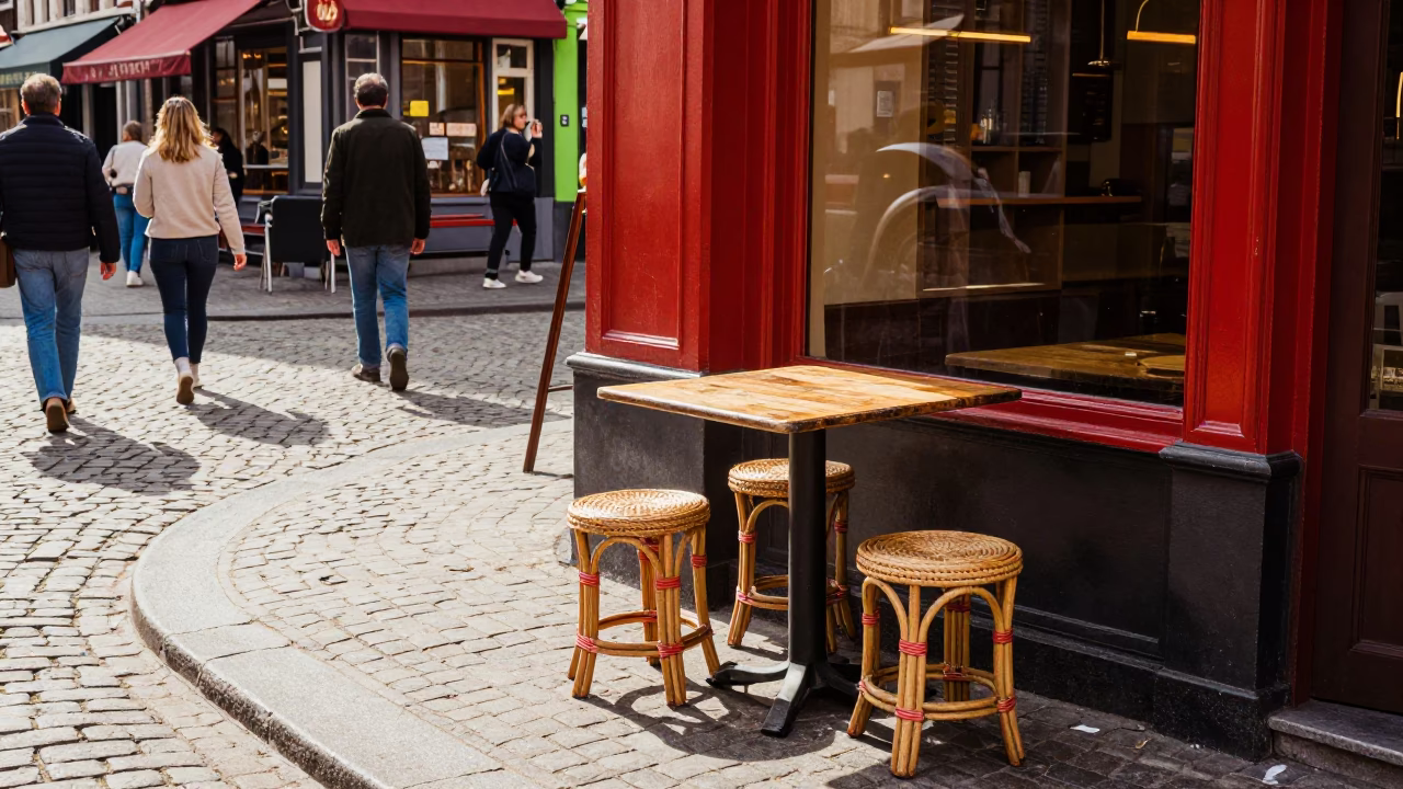 Colorful 1970s Brussels Street Scene with Vintage Rattan Stool and Paperweight on Table in in Brussels, Belgium