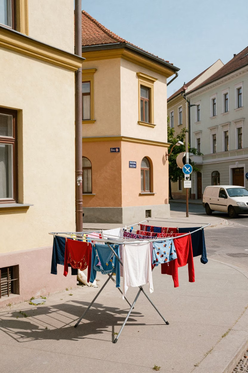 Colorful 1970s Budapest Street Scene with Drying Rack and Local Interaction in in Budapest, Hungary