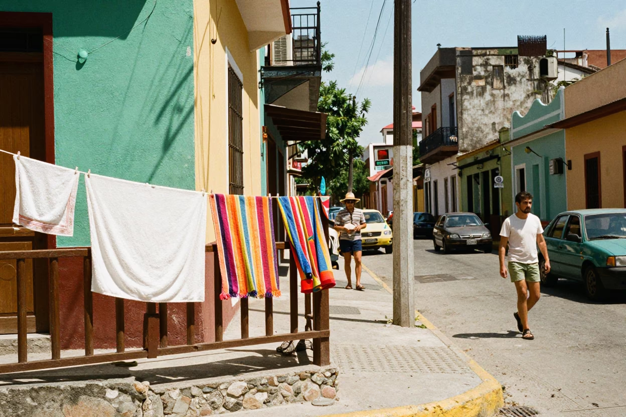 Colorful 1970s Buenos Aires Street Scene with Drying Towels and Scarf in in Buenos Aires, Argentina