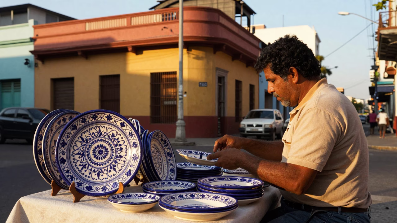 Colorful 1970s Buenos Aires Street Scene with Vintage Majolica Plate and Figs in in Buenos Aires, Argentina