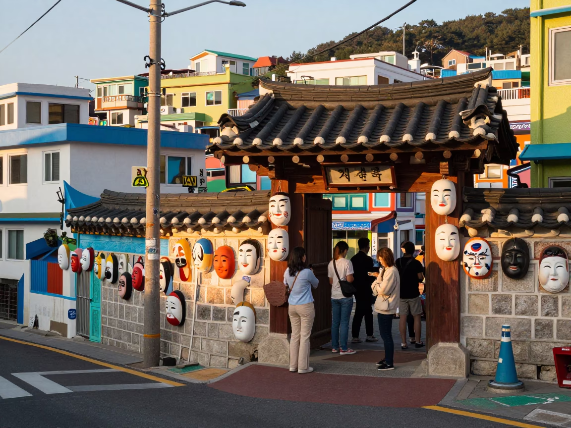 Colorful 1970s Busan Street Scene with Traditional Masks and Morning Light in in Busan, South Korea