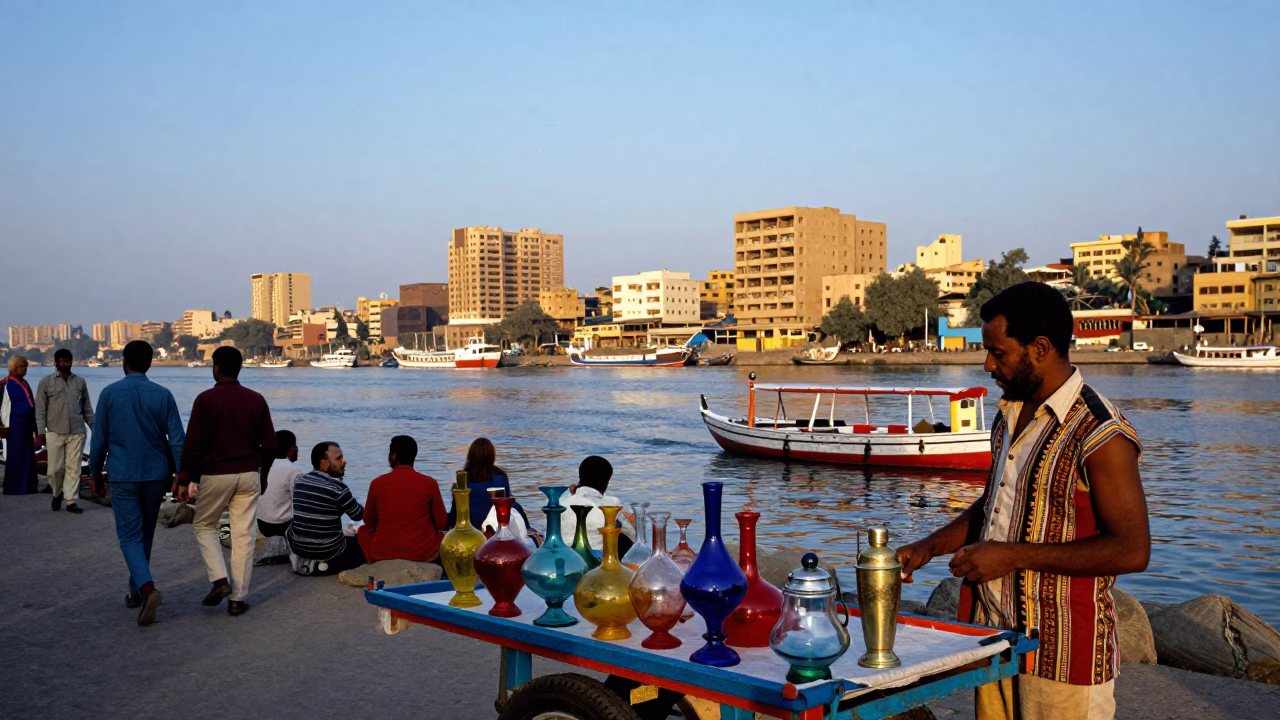 Colorful 1970s Cairo Street Scene at Blue Hour with Dhow on Nile in in Cairo, Egypt