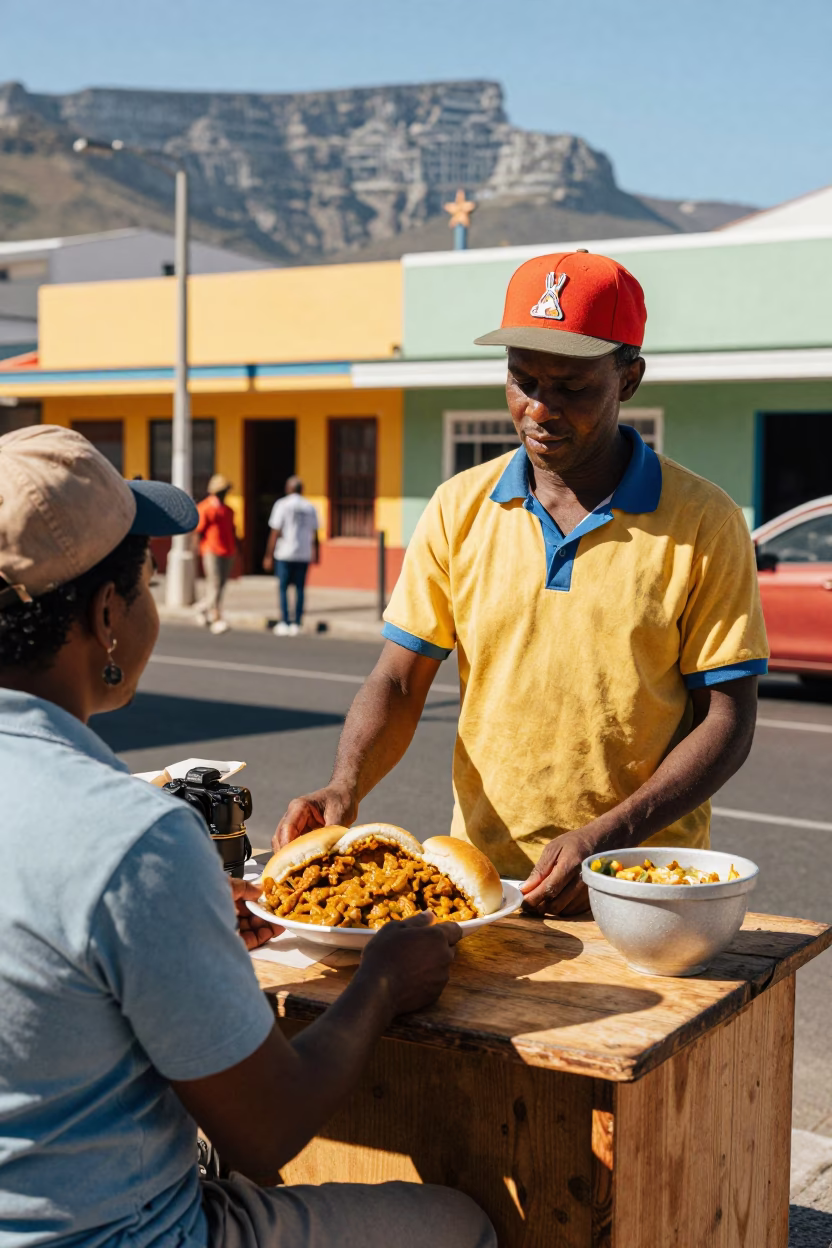 Colorful 1970s Cape Town Street Scene with Bunny Chow and Local Market Life in in Cape Town, South Africa