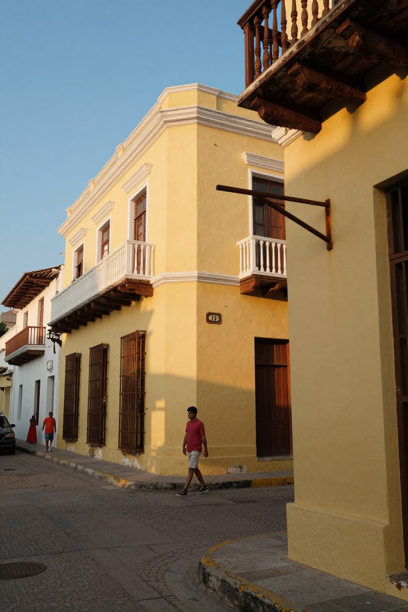 Colorful 1970s Cartagena Street Scene with Rusty Shelf Bracket and Soap Bottle in in Cartagena, Colombia