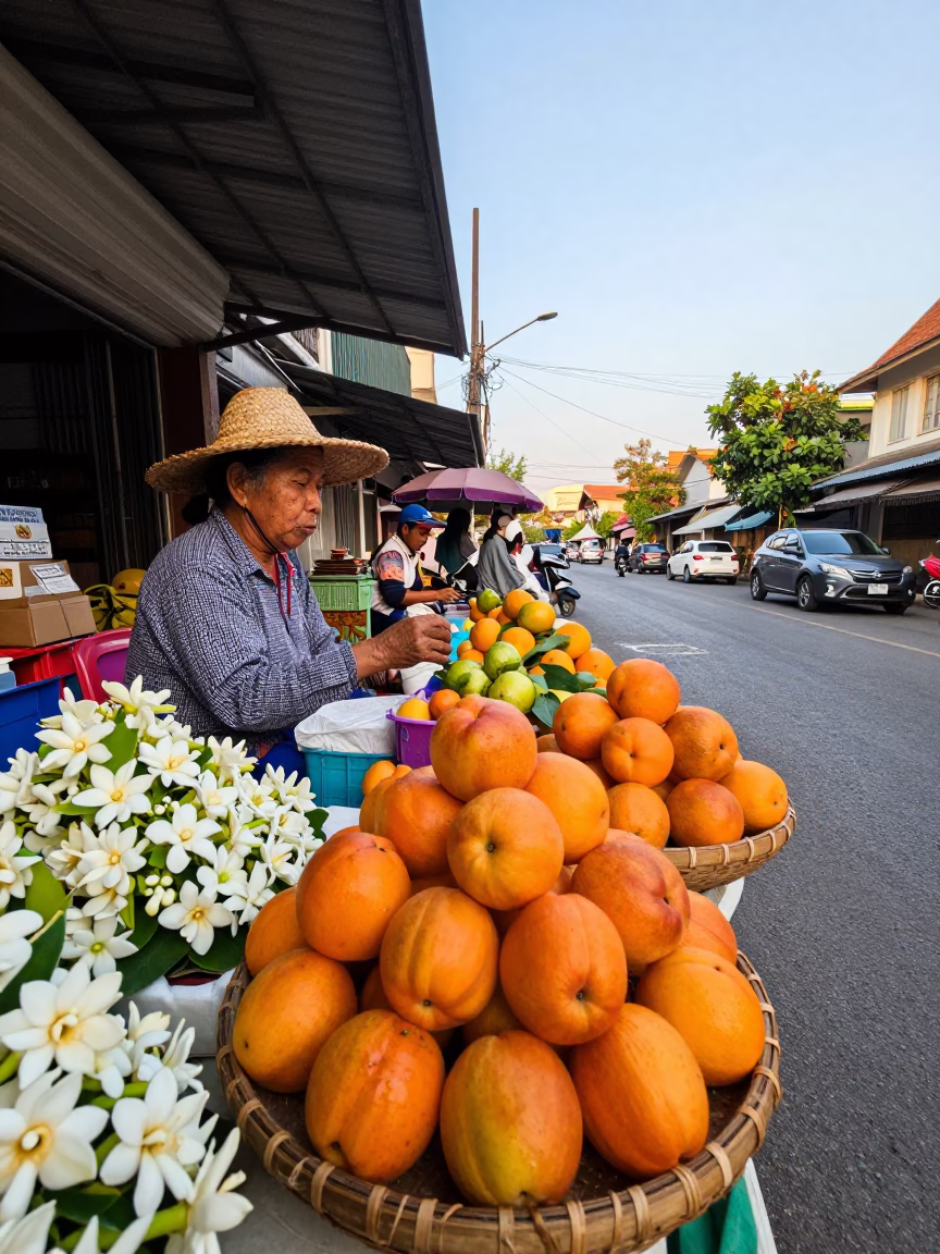 Colorful 1970s Chiang Mai Street Scene with Nectarines and Gardenia Bush in in Chiang Mai, Thailand