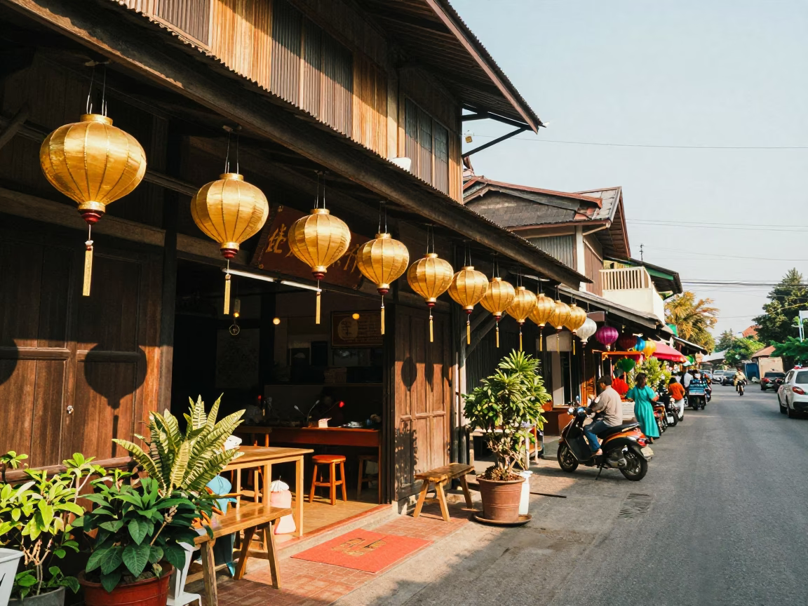 Colorful 1970s Chiang Mai Street Scene with Paper Lanterns and Local Commerce in in Chiang Mai, Thailand