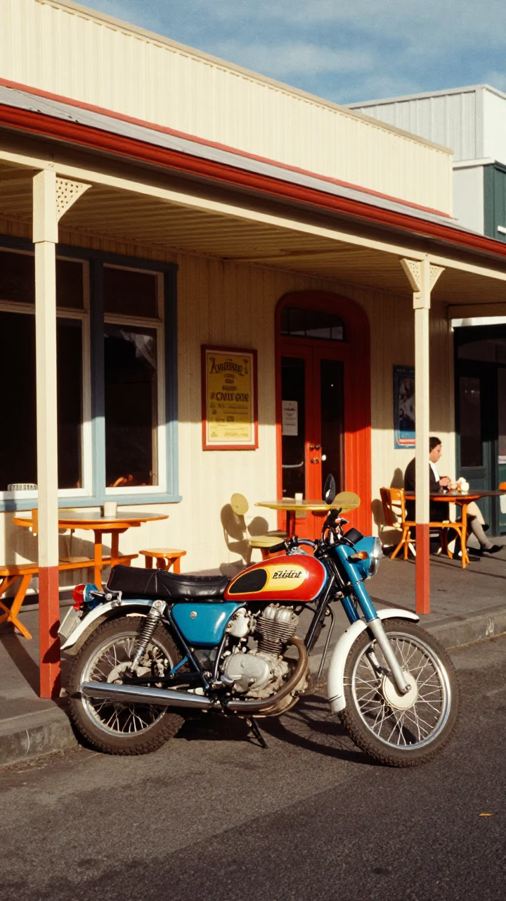 Colorful 1970s Christchurch Street Scene with Vintage Motorcycle and Local Interaction in in Christchurch, New Zealand