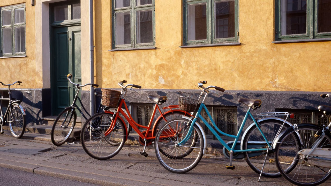 Colorful 1970s Copenhagen Street Scene with Vintage Bicycles and Pastel Architecture at Sunrise in in Copenhagen, Denmark