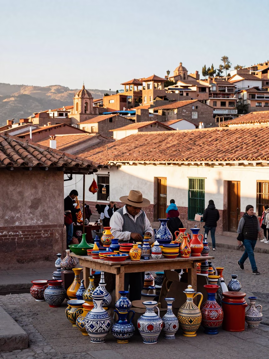 Colorful 1970s Cusco Peru Street Scene Pottery Market with Stacked Wares in in Cusco, Peru