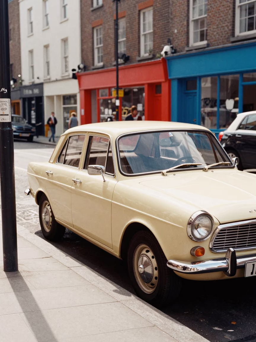 Colorful 1970s Dublin Street Scene with Vintage Car and Pedestrians at Midday in in Dublin, Ireland