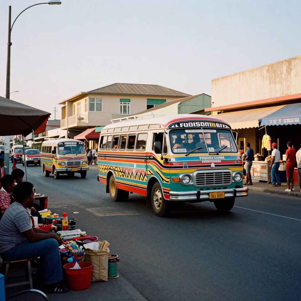 Colorful 1970s Durban Street Scene with Matatu Weaving Through Morning Traffic in in Durban, South Africa