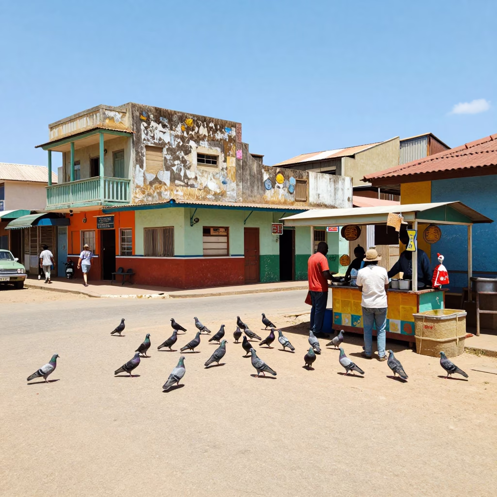 Colorful 1970s Durban Street Scene with Pigeons and Vintage Canisters in in Durban, South Africa