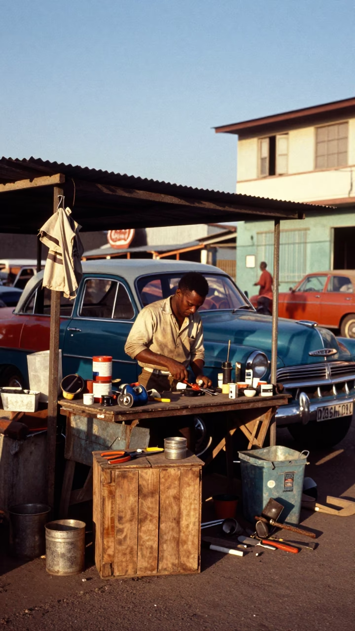 Colorful 1970s Durban Street Scene with Vintage Auto Parts and Local Life in in Durban, South Africa